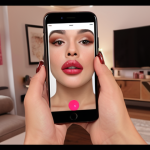**Prompt:** Woman virtually trying on lipstick using an AR beauty app on her smartphone, with a background of a cozy living room. Focus on the realistic makeup simulation.