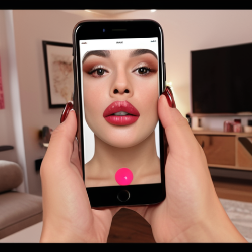 Home 15 **Prompt:** Woman virtually trying on lipstick using an AR beauty app on her smartphone, with a background of a cozy living room. Focus on the realistic makeup simulation.