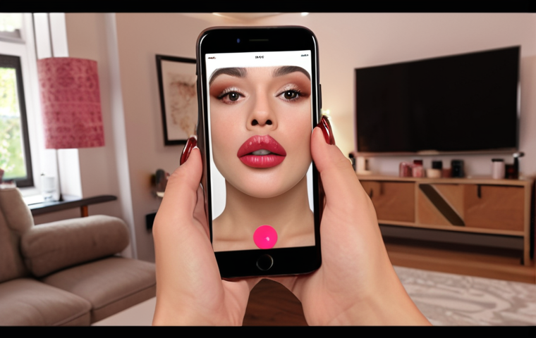 **Prompt:** Woman virtually trying on lipstick using an AR beauty app on her smartphone, with a background of a cozy living room. Focus on the realistic makeup simulation.