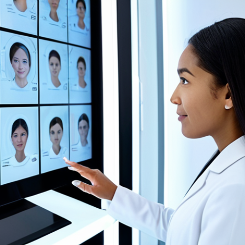 Home 7 A professional woman of diverse ethnicity, fully clothed in a modest, contemporary professional dress, is standing in a clean, brightly lit, futuristic beauty clinic. She is gently touching a sleek, transparent digital screen displaying a highly detailed AI-powered skin analysis. Advanced, minimalist design skincare products are arranged on a white counter beside her. The background is blurred, focusing on the innovative technology and her engaged expression. Professional photography, high resolution, perfect anatomy, correct proportions, natural pose, well-formed hands, proper finger count, natural body proportions, safe for work, appropriate content, family-friendly.